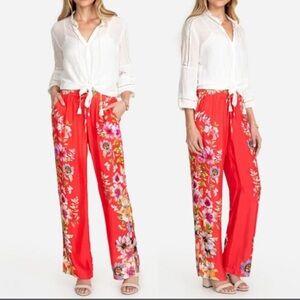 JOHNNY WAS Auriela Floral Wide Leg Pants in Coral Sz XL Silky Cupra/Rayon Boho